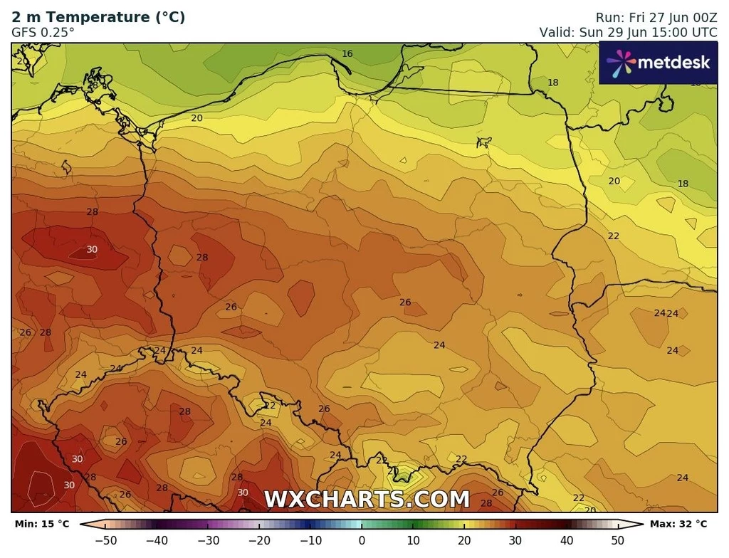 Końcówka weekendu zapowiada się na ciepłą i spokojną, choć w wielu miejscach popada deszcz Mapa Polski z naniesionymi prognozowanymi temperaturami powietrza na poziomie 2 metrów, z najwyższymi wartościami w południowo-zachodniej i południowej części kraju, w kolorystyce od żółci do ciemnej czerwieni wskazując na wysokie temperatury.
