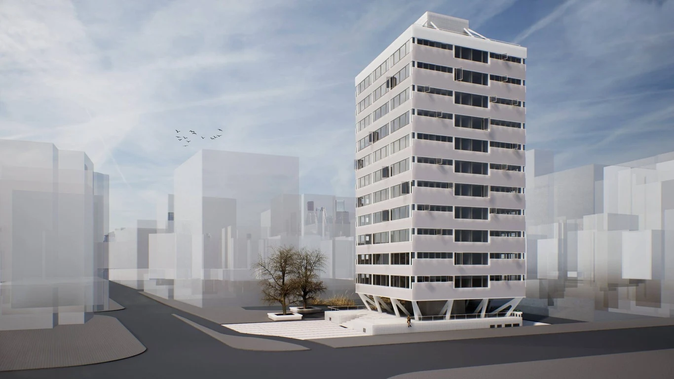 Ikona modernizmu znów jest w centrum uwagi. Wysoki nowoczesny budynek z białą fasadą stoi na pustym skrzyżowaniu, otoczony rozmytymi sylwetkami innych budynków oraz samotnym drzewem i kilkoma ławkami na placu obok.