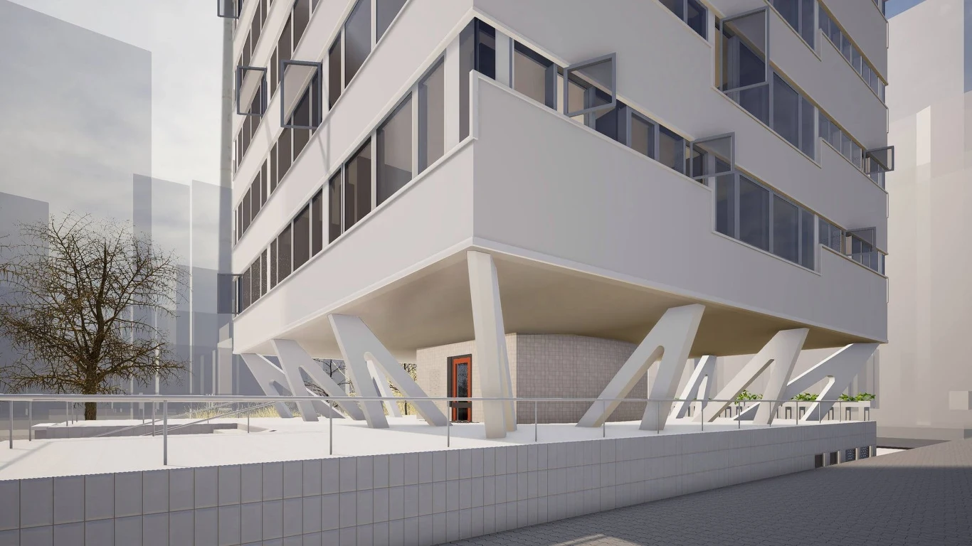 Zespół projektowy analizował każdy szczegół oryginalnych planów Budynek o nowoczesnej konstrukcji, wsparty na ukośnych filarach, z dużymi oknami, tarasem i minimalistycznym otoczeniem, gdzie widoczny jest niewielki plac oraz pojedyncze drzewo bez liści.