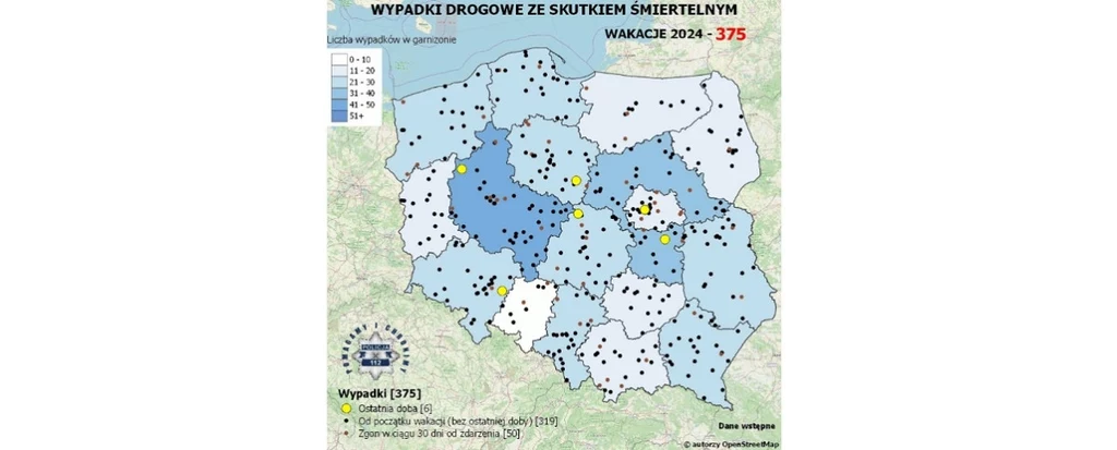 Wypadki drogowe ze skutkiem śmiertelnym w wakacje 2024. To były najniebezpieczniejsze miejsca w Polsce Mapa Polski prezentująca liczbę oraz rozmieszczenie wypadków drogowych ze skutkiem śmiertelnym podczas wakacji 2024, kolory poszczególnych województw oznaczają ilość wypadków, a czarne kropki lokalizacje zdarzeń.