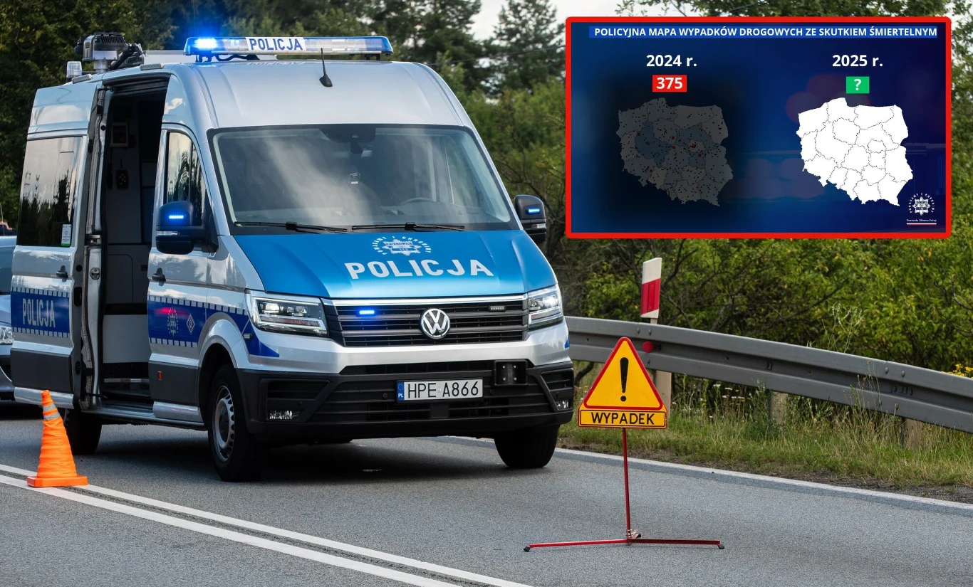 Jakie są najniebezpieczniejsze miejsca w Polsce na wakacjach? Policja publikuje nową mapę Radiowóz policyjny ustawiony na pasie ruchu z rozstawionym znakiem ostrzegawczym o wypadku drogowym, obok drogowe pachołki, w tle mapa Polski z zaznaczoną statystyką śmiertelnych wypadków drogowych w latach 2024 i 2025.