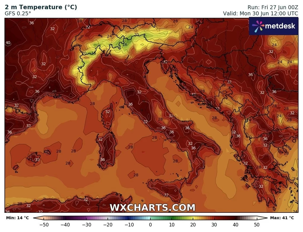 Włoscy synoptyy ostrzegają przed potężnymi upałami, które w weekend ogarną cały kraj. Miejscami temperatury przekroczą 40 stopni Celsjusza Prognoza temperatury powietrza w Europie Południowej i Środkowej przedstawiona w postaci mapy kolorystycznej, na której żółte i czerwone odcienie wskazują wysokie temperatury sięgające nawet powyżej 40°C w niektórych rejonach Włoch, Chorwacji oraz Bałk...