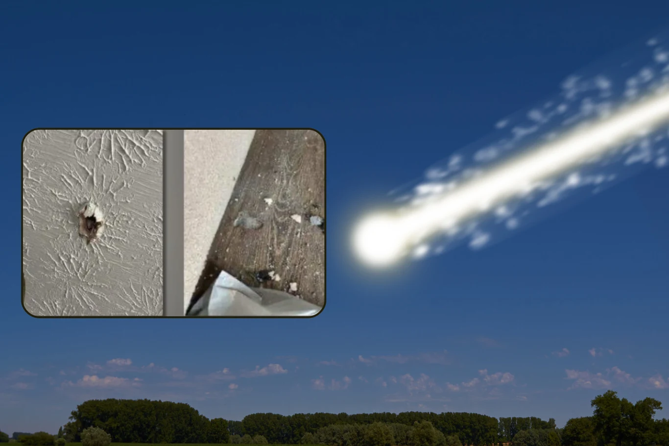 Ludzie z kilku stanów USA odnotowali na niebie dziwny obiekt. Było też słychać huk. Zdj. ilustracyjne. Jasny meteor przelatujący po niebie nad zielonym pejzażem, z wstawionymi zbliżeniami śladów uderzenia na powierzchniach, ilustrującymi skutki zderzenia meteorytu z Ziemią.