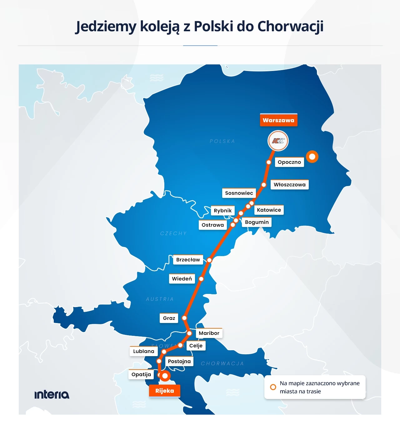 Cała trasa przejazdu pociągu z Polski do Chorwacji Mapa ilustruje trasę kolejową z Warszawy do Rijeki w Chorwacji, prezentując główne miasta na trasie, takie jak Opoczno, Katowice, Wiedeń, Graz, Lublana i Postojna, z wyraźnym zaznaczeniem przebiegu linii na tle geograficznym.