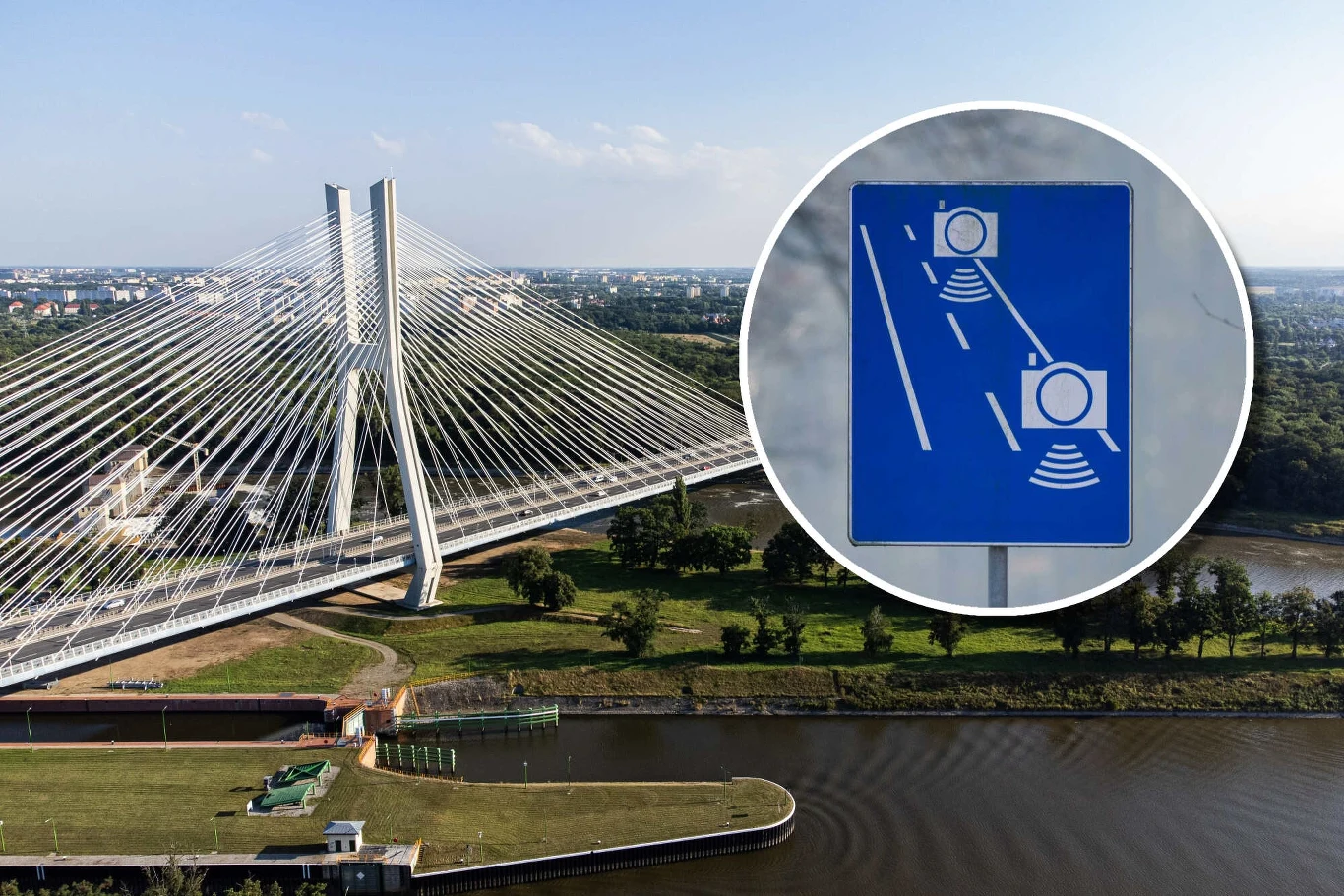 Odcinkowy pomiar prędkości ma ostudzić zapędy kierowców na Autostradowej Obwodnicy Wrocławia Most wantowy nad rzeką w otoczeniu zieleni i miasta, z wklejonym znakiem informującym o automatycznej kontroli prędkości na drodze.