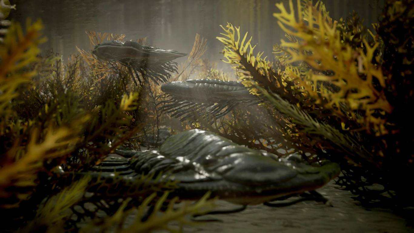 Podwodne rośliny otaczają grupę pradawnych, segmentowanych stworzeń przypominających trylobity, które powoli przemieszczają się po dnie wśród zielono-brązowych alg, w rozproszonym świetle przenikającym przez wodę.