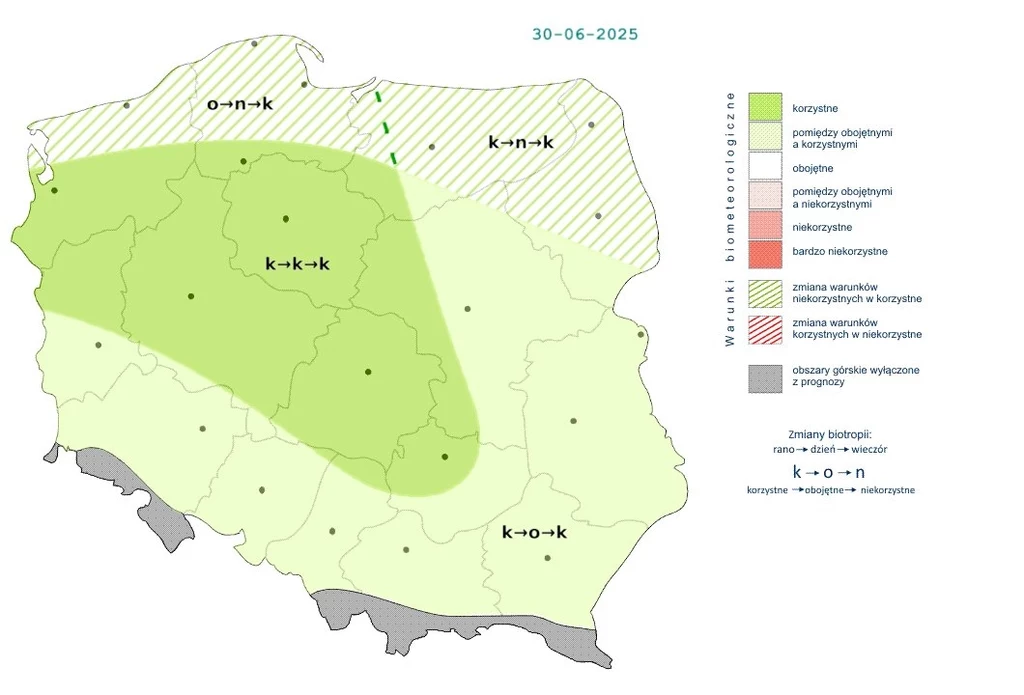 W poniedziałek aura w zdecydowanej większości kraju będzie korzystna Mapa biometeorologiczna Polski z oznaczeniem regionów o różnych warunkach biometu na dzień 30-06-2025, poszczególne strefy przedstawione różnymi kolorami i wzorami, legenda wyjaśniająca symbole meteorologiczne oraz oznaczenia korzystności warunków.