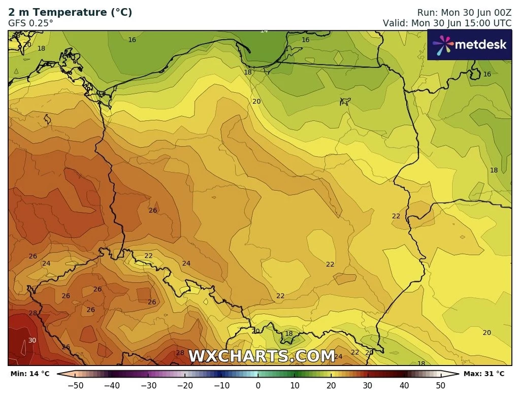 Polska podzieli się na ciepły zachód i chłodniejszy północny wschód Mapa temperatury powietrza w Polsce, z wyraźnym podziałem stref cieplnych; południowa i zachodnia część kraju z najwyższymi temperaturami sięgającymi 30°C, północna i wschodnia z najniższymi, wokół 18–22°C.