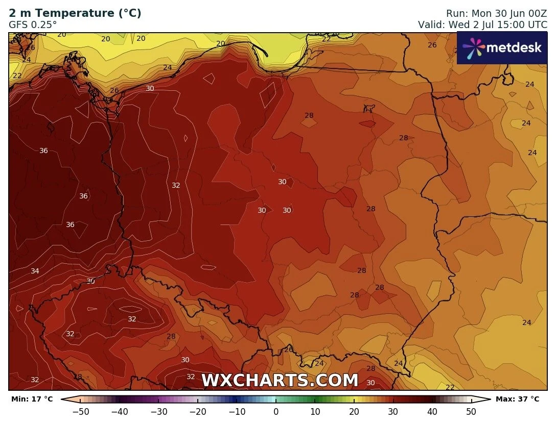 Kolorowa mapa Polski z wartościami temperatury powietrza na wysokości 2 metrów, obrazująca prognozę upałów z temperaturami sięgającymi 32°C na południu i południowym zachodzie kraju, z odcieniami czerwieni i pomarańczu wskazującymi różnice termiczne.