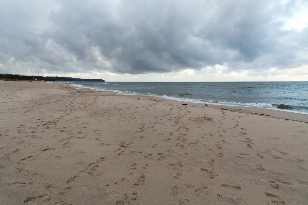 Rozewie słynie z walorów przyrodniczych i stosunkowo małej liczby turystów Piaszczysta plaża z widocznymi śladami stóp, szare chmury na niebie, spokojne morze na horyzoncie.