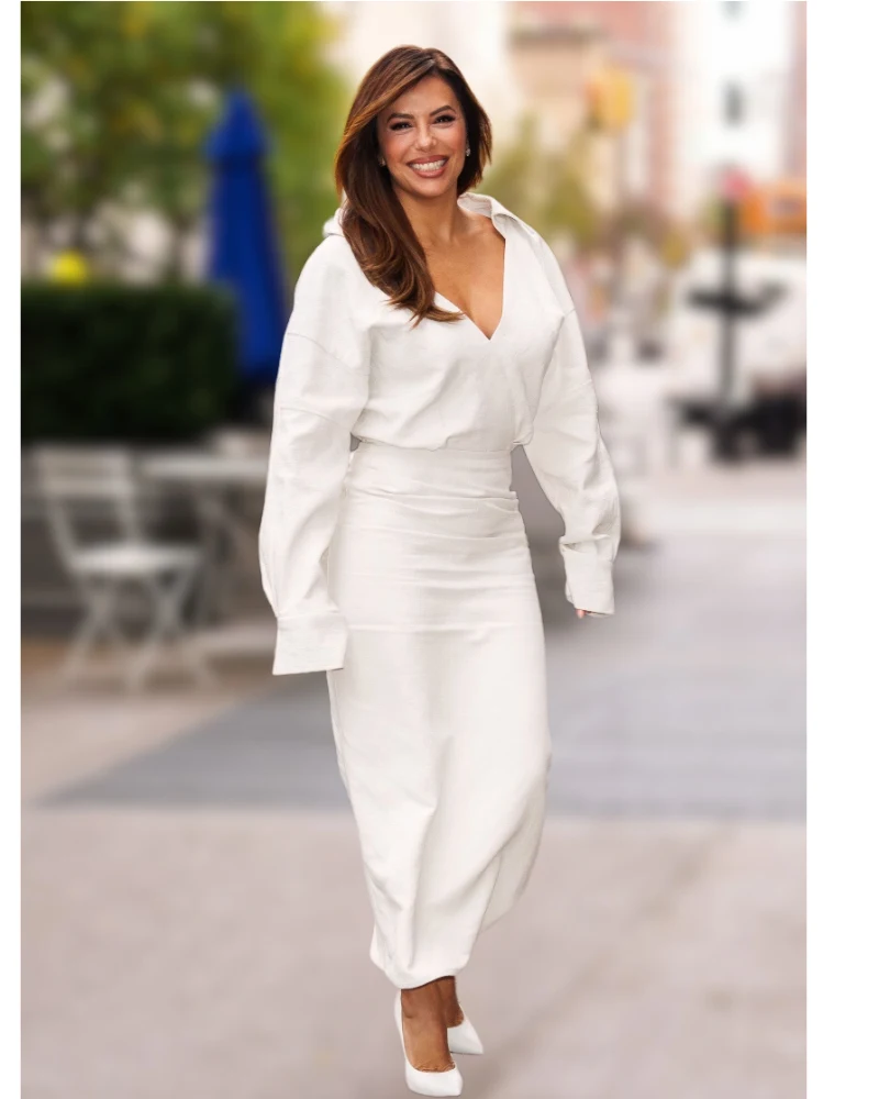 Eva Longoria w biały zestawie - do długiej spódnicy dobrała białą koszulę