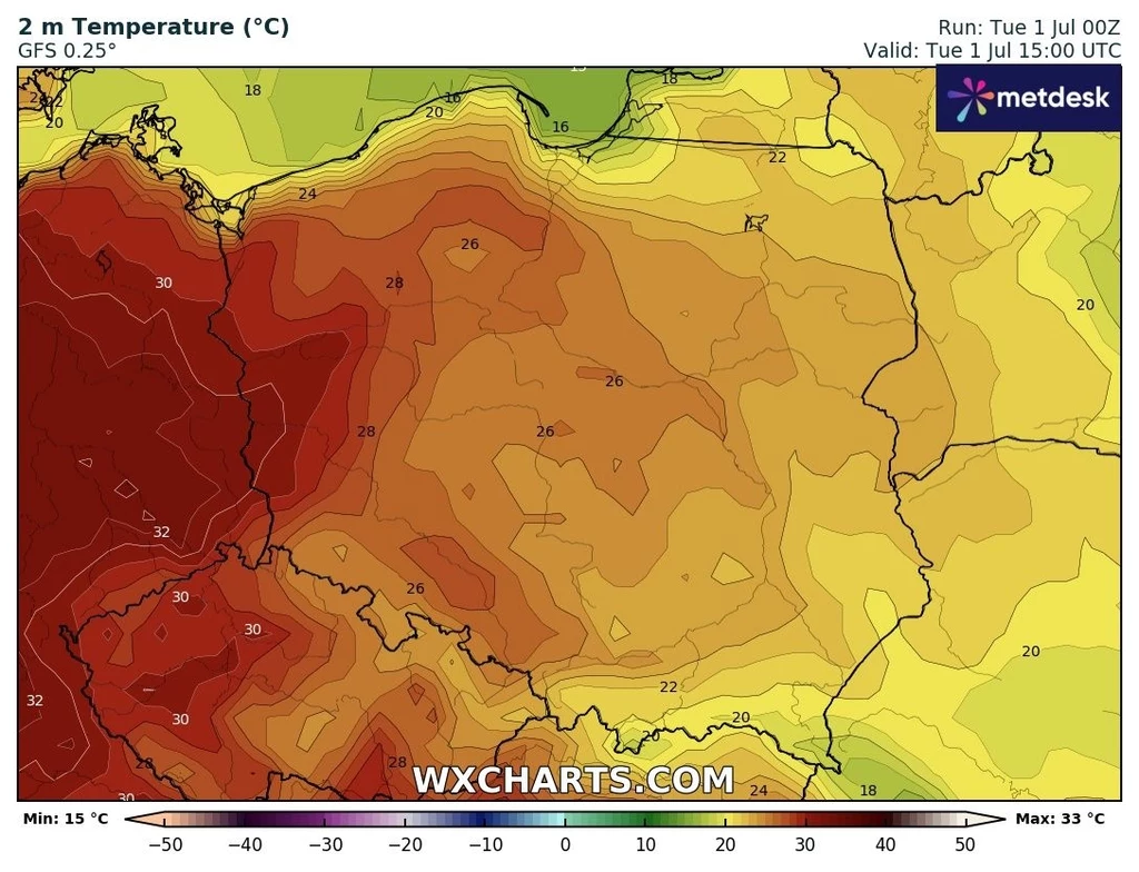 We wtorek upalnie będzie na zachodzie. Tam można się spodziewać temperatur na poziomie 32 stopni Celsjusza Kolorowa mapa Polski z prognozą temperatury na poziomie 2 metrów, pokazująca różnice temperatur w różnych regionach kraju, z najwyższymi wartościami sięgającymi 32-33°C w zachodniej części. Wskazano skalę temperatury oraz granice kraju.