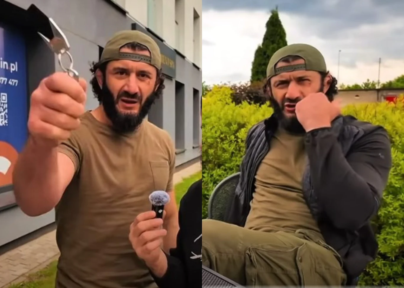 Mamed Chalidow to absolutna legenda polskiego MMA Brodaty mężczyzna w czapce z daszkiem ubrany w oliwkową koszulkę i czarne okrycie prezentuje groźny gest i unosi przedmiot przypominający kastet, siedząc na tle zieleni oraz budynku.