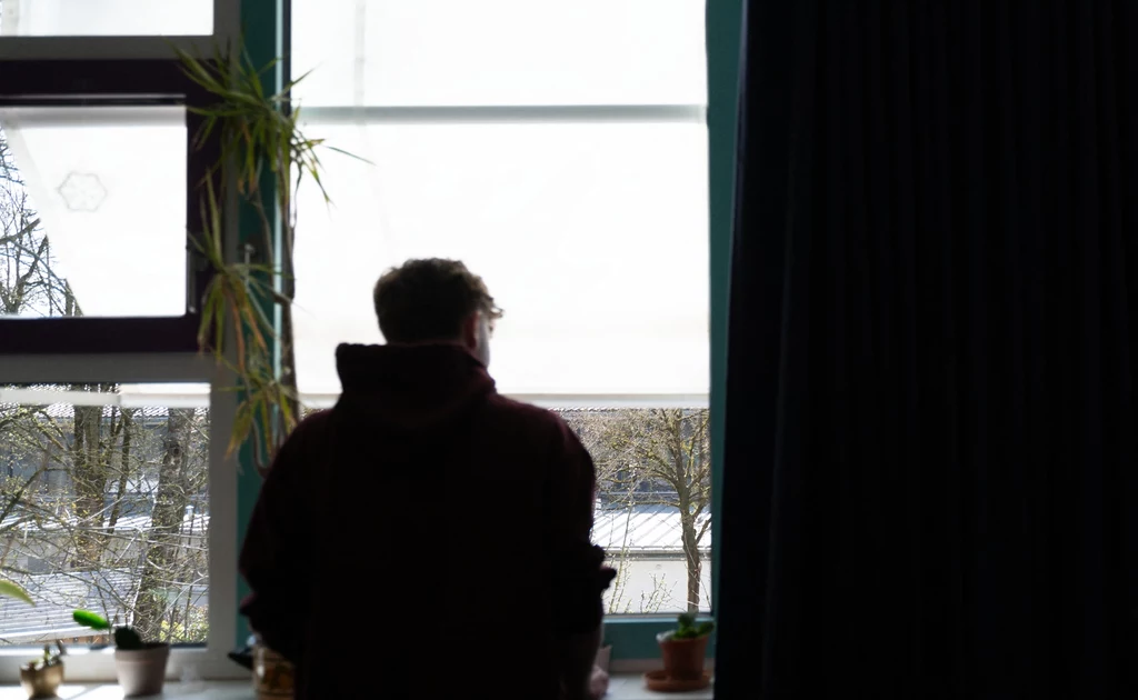 Sylwetka osoby stojącej tyłem przy oknie, patrzącej na zimowy krajobraz z drzewami, na parapecie kilka doniczkowych roślin, po lewej stronie widoczna wysoka roślina w doniczce.