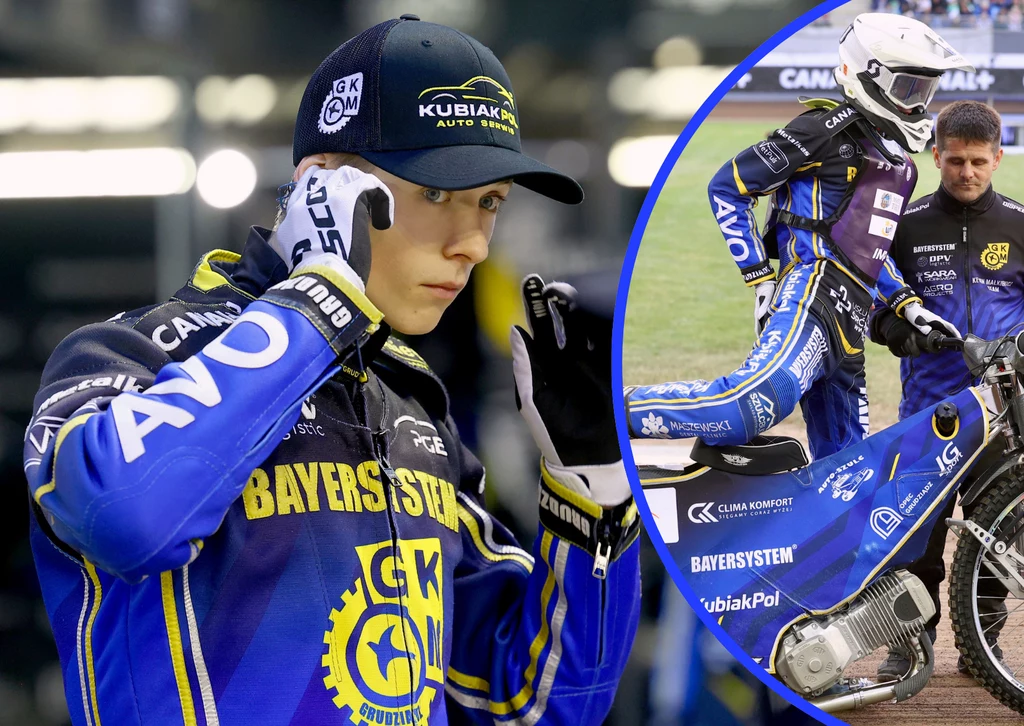 Kevin Małkiewicz, talent ze szkółki GKM-u Grudziądz. Młody zawodnik żużlowy w kombinezonie z logo sponsora oraz klubowymi barwami przygotowuje się do startu, na dalszym planie fragment ujęcia sportowca na motocyklu żużlowym.