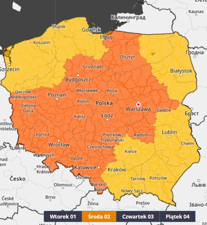 Na środę synoptycy IMGW prognozują alerty pierwszego i drugiego stopnia dotyczące upałów dla wszystkich regionów kraju Mapa Polski z podziałem na województwa, przedstawiająca stopnie ostrzeżeń pogodowych na kolejne dni. Centralna i południowa część kraju oznaczona kolorem pomarańczowym sygnalizuje wyższy poziom zagrożenia pogodowego na środę, natomiast pozostałe obszar...