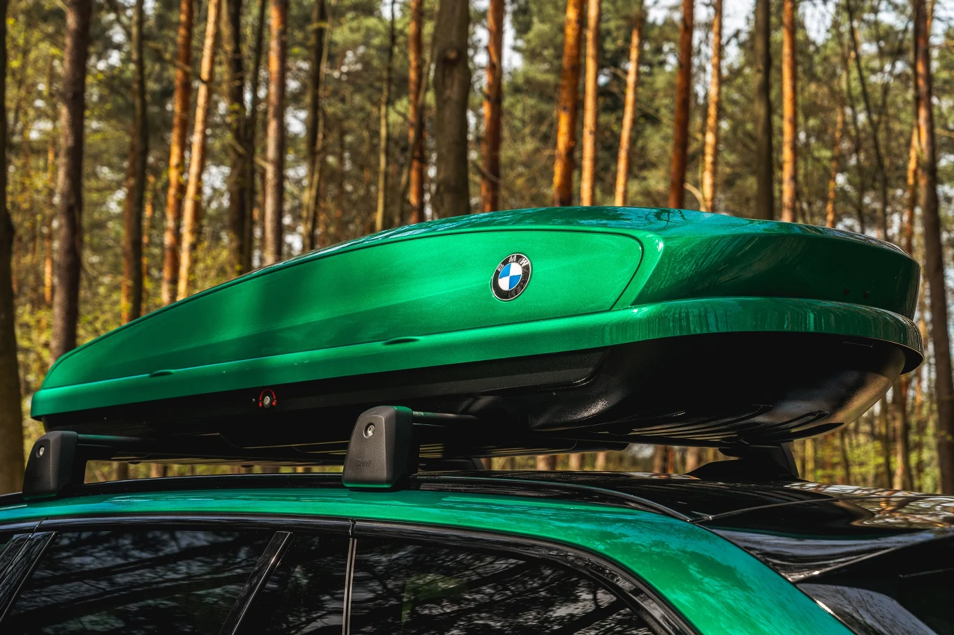 Zielony box dachowy marki BMW zamontowany na dachu samochodu, w tle drzewa lasu sosnowego.