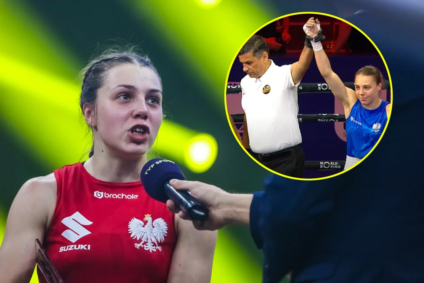 Bokserka w czerwonym stroju z białym orłem na piersi udziela wywiadu, trzymając mikrofon. W okrągłej wstawce na górze zdjęcia sędzia podnosi rękę zwyciężczyni ubranej na niebiesko po zakończonej walce bokserskiej.
