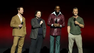 Glen Powell, Edgar Wright, Colman Domingo i Josh Brolin podczas prezentacji filmu "The Running Man" na CinemaConie 2025