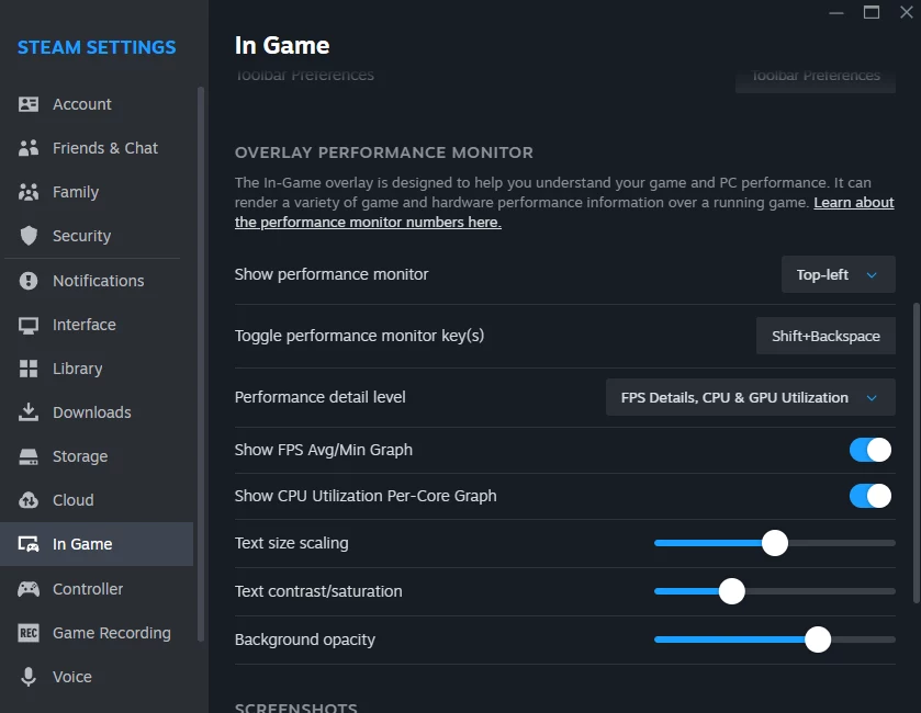Monitor wydajności / Steam Panel ustawień Steam pokazujący opcje monitorowania wydajności w grach, w tym ustawienia dotyczące wyświetlania monitorów FPS, wykorzystania CPU oraz zmiany wielkości tekstu i przezroczystości tła.