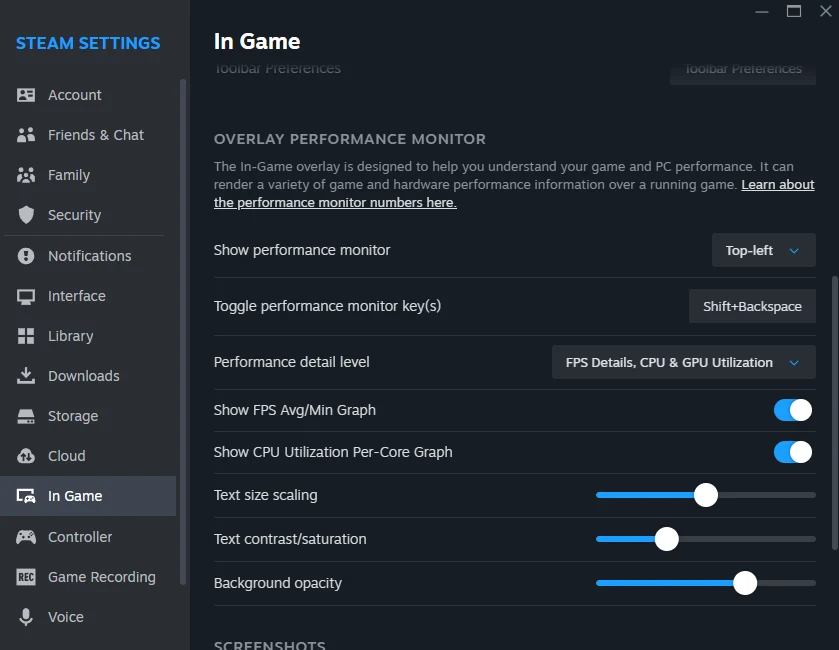 Monitor wydajności / Steam Panel ustawień Steam pokazujący opcje monitorowania wydajności w grach, w tym ustawienia dotyczące wyświetlania monitorów FPS, wykorzystania CPU oraz zmiany wielkości tekstu i przezroczystości tła.
