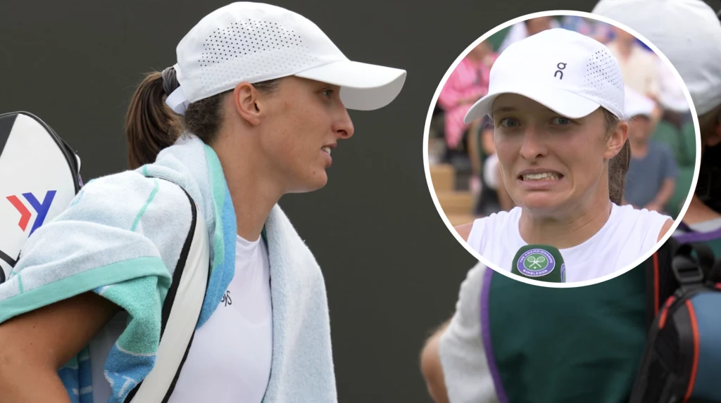 Iga Świątek na Wimbledonie Iga Świątek ubrana na biało wychodzi z kortu, na ramieniu trzyma torbę sportową i ręcznik, na głowie ma białą czapkę z daszkiem; w kole znajduje się zbliżenie twarzy tej samej kobiety z wyrazem zakłopotania.