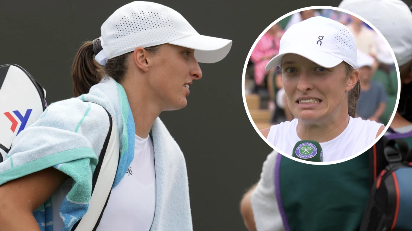 Iga Świątek ubrana na biało wychodzi z kortu, na ramieniu trzyma torbę sportową i ręcznik, na głowie ma białą czapkę z daszkiem; w kole znajduje się zbliżenie twarzy tej samej kobiety z wyrazem zakłopotania.