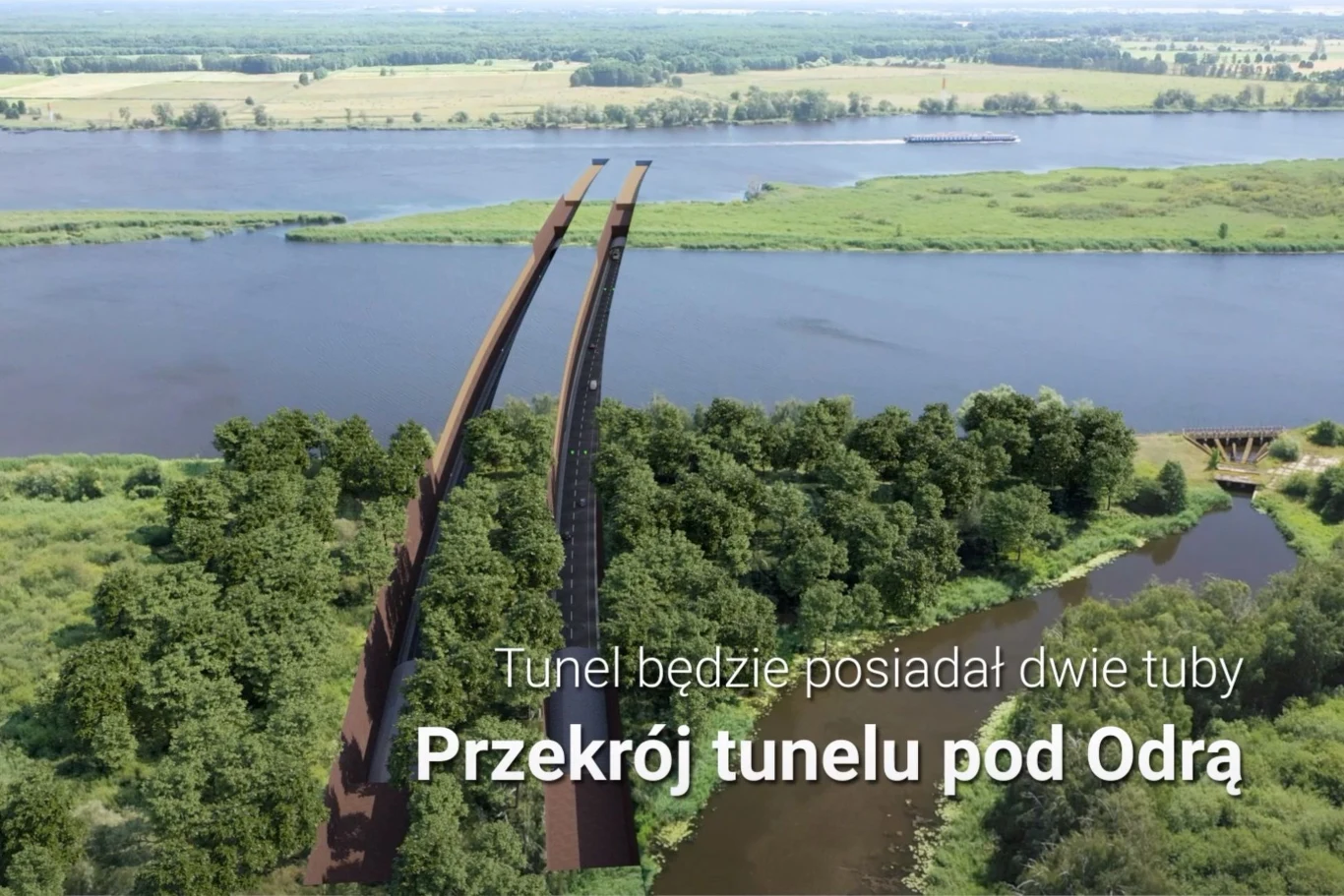 Wizualizacja tunelu pod Odrą z dwoma tubami przebiegającymi przez zielony teren leśny oraz pod rzeką, z szeroką panoramą rzeki i okolicznych łąk, napisy informacyjne na grafice.