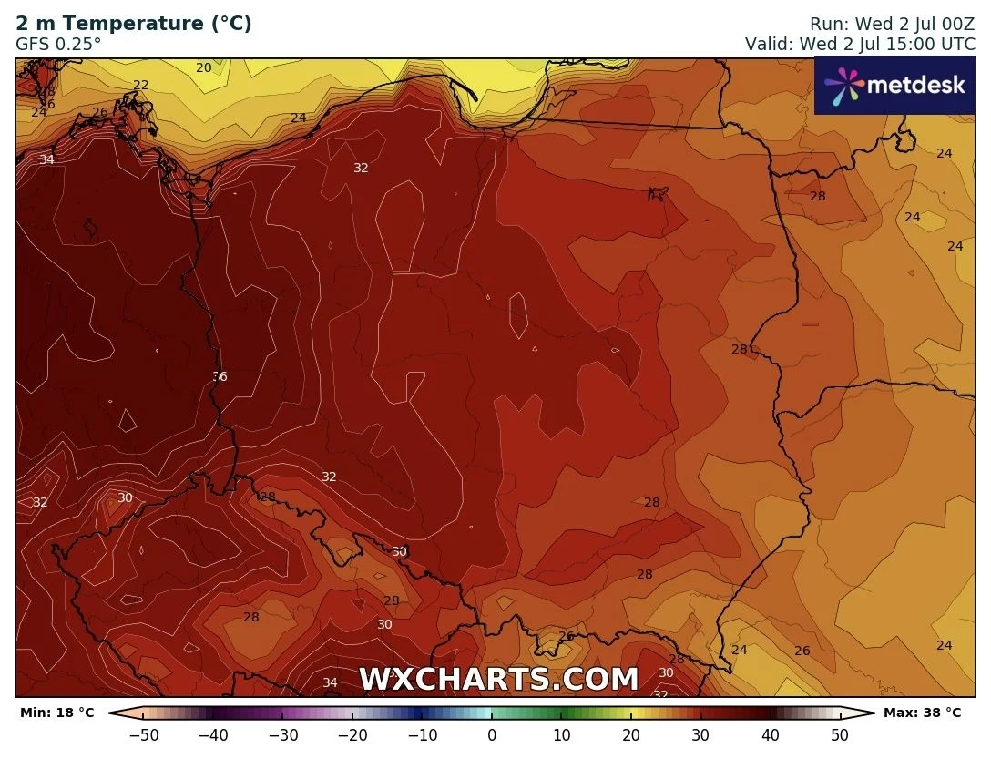 Fala upałów w środę ogarnie praktycznie całą Polskę. Nieco chłodniej będzie jedynie na wschodzie Mapa prognozy temperatur dla obszaru Polski i części Niemiec, Czech oraz krajów ościennych, ukazująca wysokie wartości temperatury powietrza w różnych odcieniach czerwieni, sugerujące upały, z legendą temperaturową u dołu mapy.