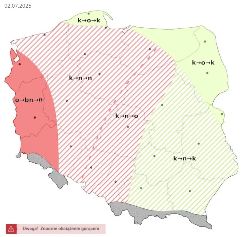 Rano, zanim upał stanie się zbyt silny, warunki w większości będą korzystne. Z czasem zrobi się bardzo gorąco Prognoza obciążenia cieplnego w Polsce na dzień 2 lipca 2025 roku podzielona na trzy strefy kolorystyczne z zaznaczeniem czerwonego obszaru o znacznym obciążeniu gorącem na zachodzie kraju, żółtego obszaru o umiarkowanym obciążeniu centralnie oraz ziel...