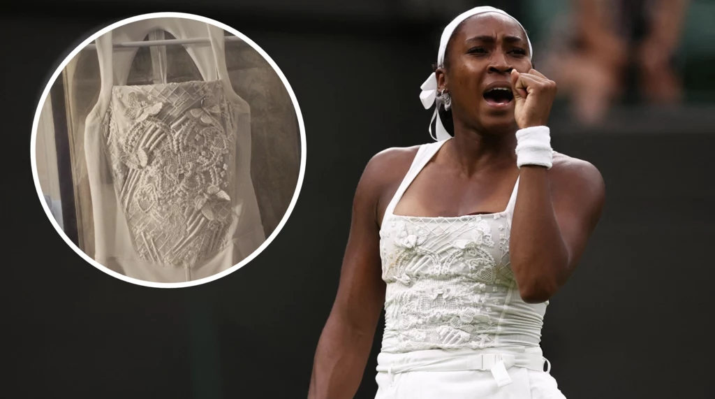 Coco Gauff w wyjątkowym stroju na Wimbledonie Coco Gauff w białym stroju sportowym wyraża emocje na korcie, na pierwszym planie znajduje się jej sylwetka, a w okrągłym powiększeniu widoczne są detale misternie zdobionej góry stroju.