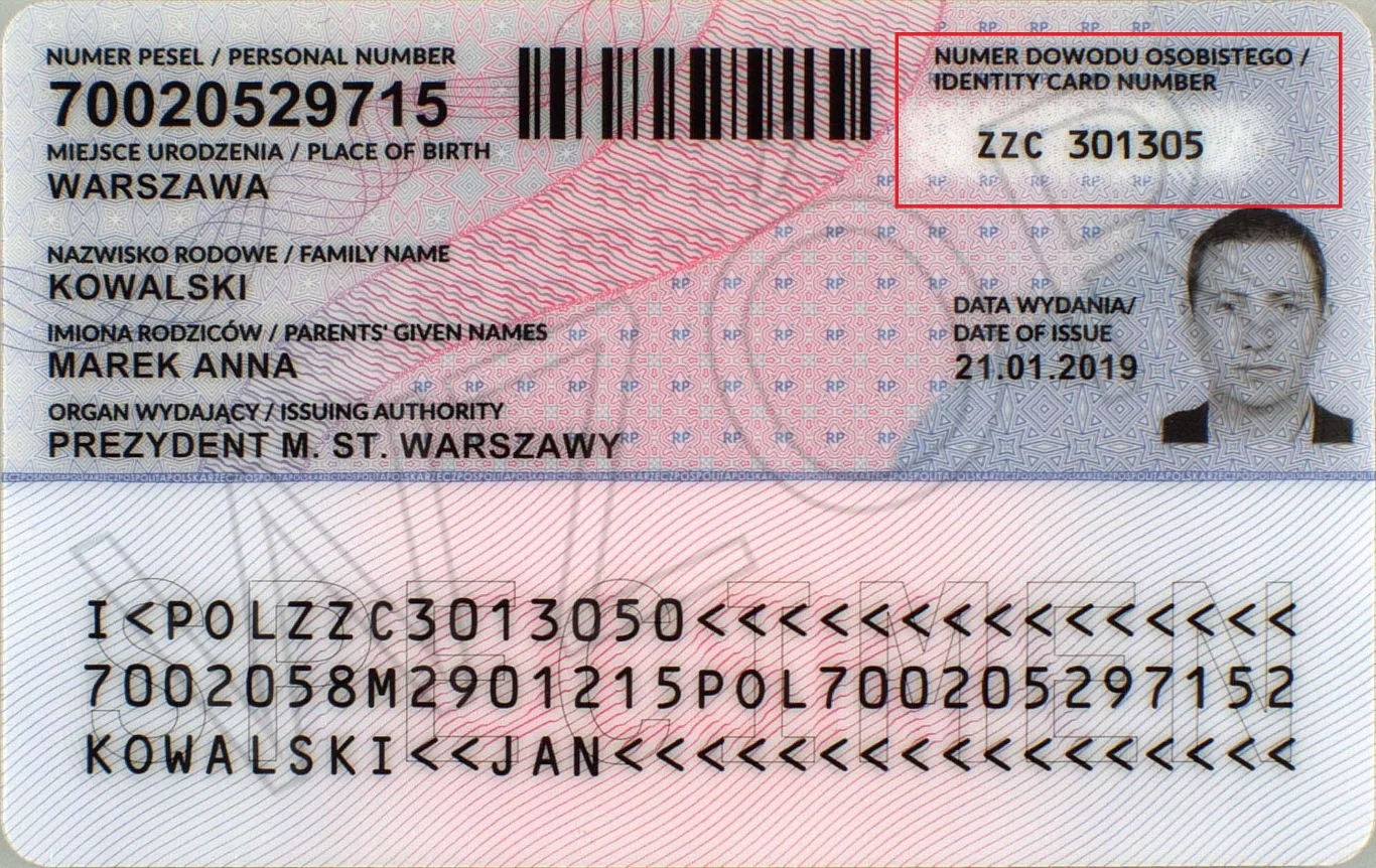 Numer i seria znajduje się również na odwrotnej stronie dokumentu.