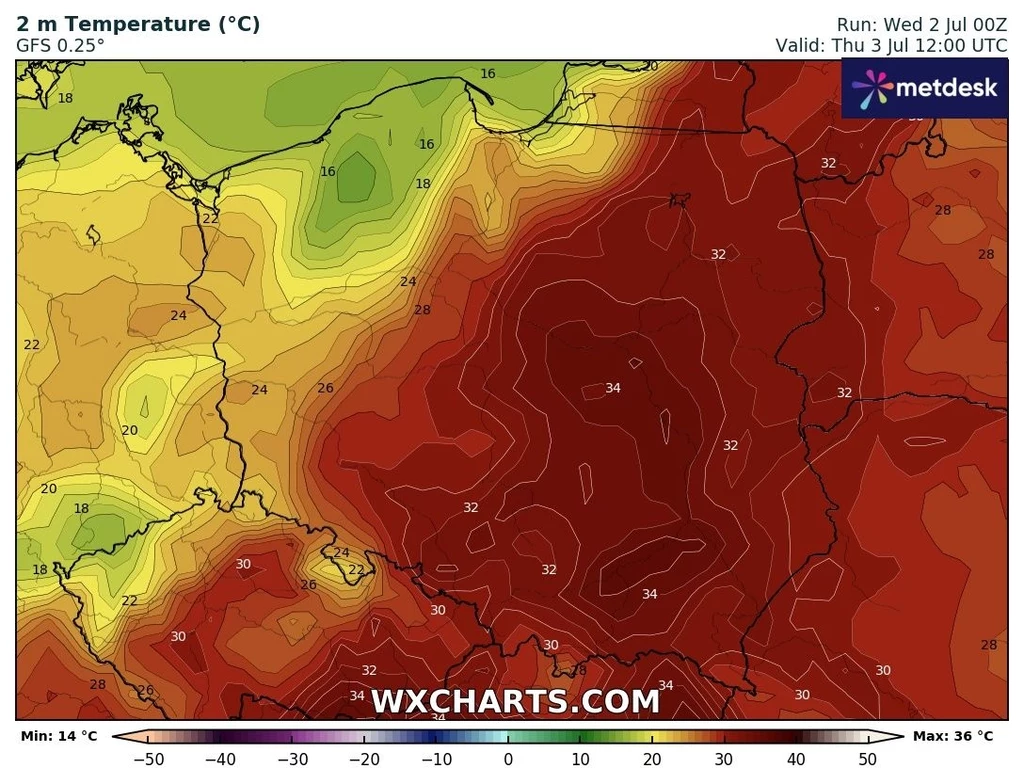 Czwartek będzie trzecim dniem fali upałów. Miejscami może być do 36 st. C, a lokalnie nawet więcej Kolorowa mapa pogodowa prezentująca prognozę temperatur na terenie Polski i okolic, z wyraźnym obszarem wysokich temperatur powyżej 30°C w centralnej i południowej części Polski, z zaznaczeniem skali temperatur od 14°C do 36°C oraz wyraźnym kontrastem ...