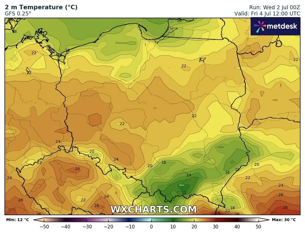 W piątek upału nie będzie w żadnym miejscu. Na jego powrót poczekamy do niedzieli Mapa temperatury powietrza przy powierzchni gruntu na terenie Polski, ukazująca rozkład temperatur od 12°C do 30°C, z najchłodniejszym obszarem na południu oraz wyższymi temperaturami na pozostałym obszarze kraju
