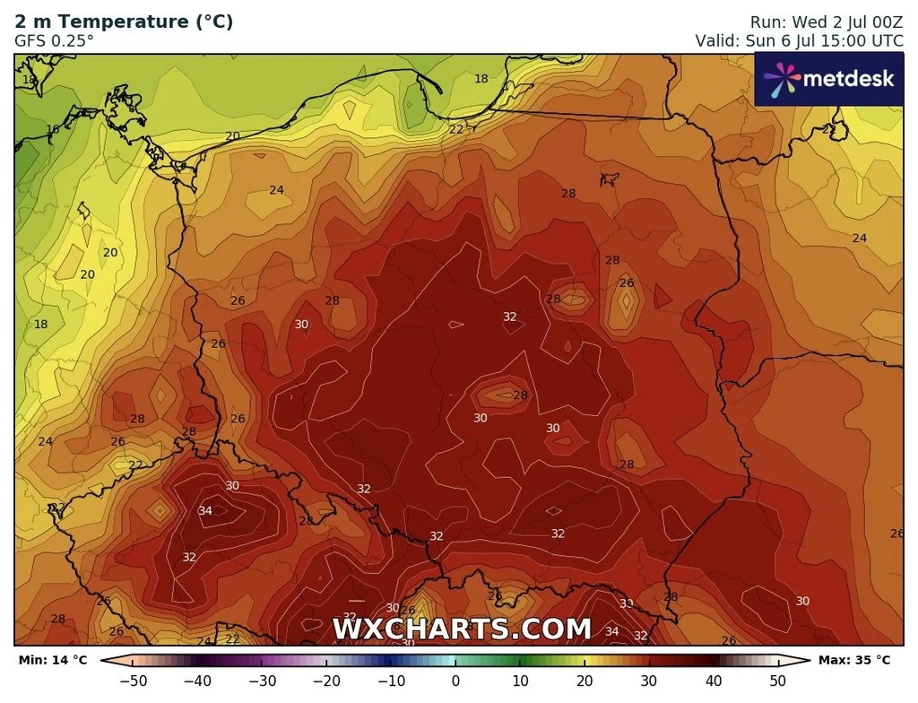 W niedzielę upalnie będzie przede wszystkim w centrum i na południu. Termometry pokażą do 32 stopni Celsjusza Mapa Polski z prognozowanymi temperaturami na różnych obszarach kraju, większość Polski objęta wysokimi temperaturami przekraczającymi 30°C, barwy od żółtej po ciemnoczerwoną ilustrują zróżnicowanie termiczne.