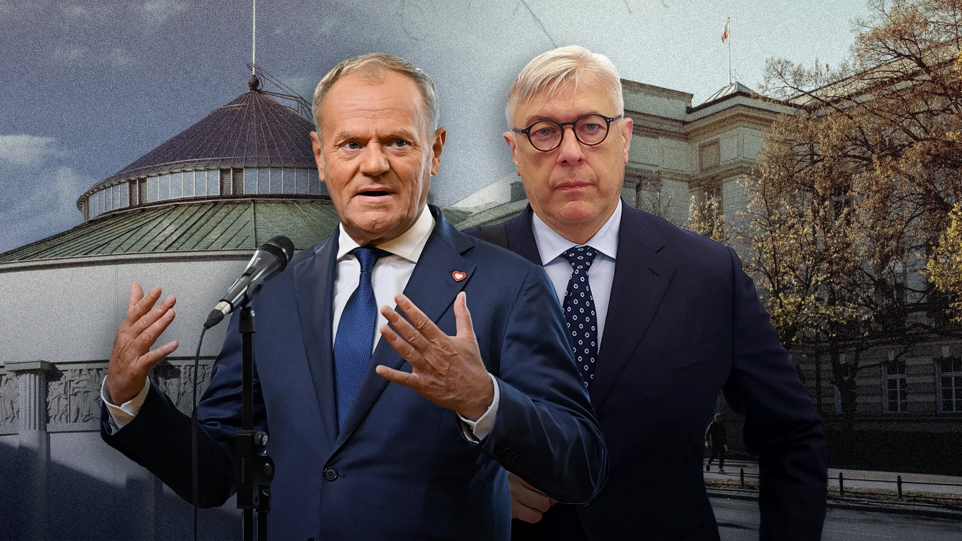 Prokuratura wszczęła śledztwo ws. podsłuchania i ujawnienia rozmowy Romana Giertycha z Donaldem Tuskiem Dwóch mężczyzn w garniturach na tle budynku Sejmu oraz innego budynku rządowego, jeden z nich przemawia do mikrofonu, drugi stoi w tle patrząc w stronę obiektywu, obaj prezentują poważny wyraz twarzy.