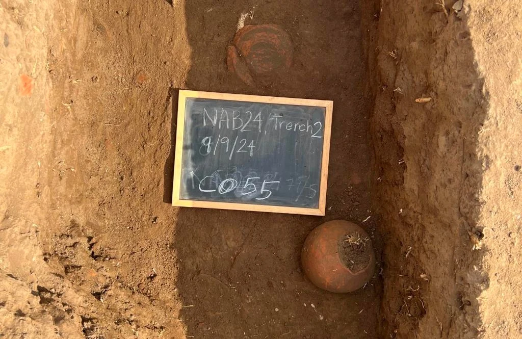 W wykopie archeologicznym znajdują się dwa gliniane naczynia oraz tabliczka z napisem informującym o numerze wykopu i dacie odkrycia. Ziemia wokół jest równomiernie odkryta, naczynia są dobrze zachowane.