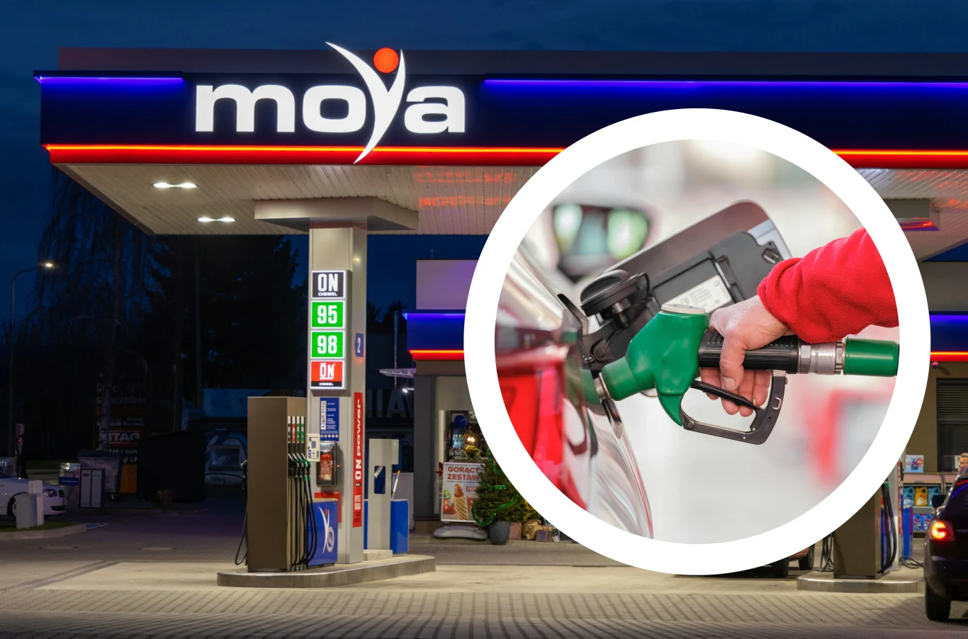 Stacja Moya przyszykowała promocję dla klientów na wakacyjne urlopy. Stacja benzynowa Moya nocą z wyraźnie widocznym logo oraz dystrybutorami z oznaczeniem rodzajów paliwa, na powiększeniu ukazana ręka w czerwonym rękawie trzymająca pistolet do tankowania i nalewająca paliwo do samochodu.