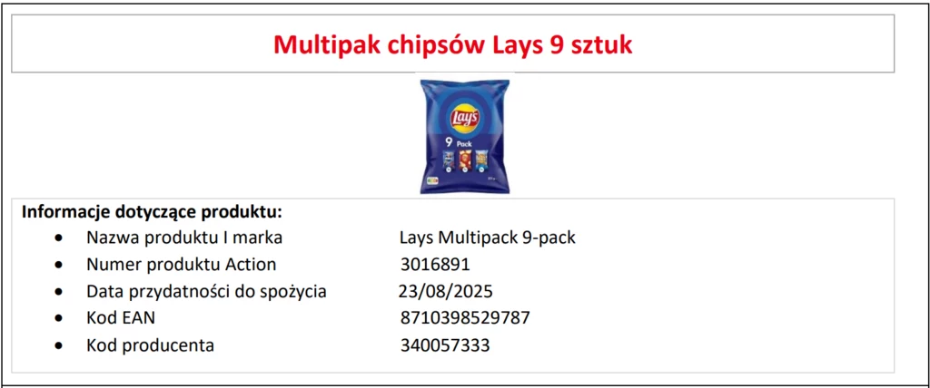 Opakowanie multipaku chipsów Lays, zawierające 9 sztuk, na białym tle. Poniżej znajdują się szczegółowe informacje o produkcie, takie jak nazwa, kod produktu, data przydatności do spożycia, kod EAN oraz kod producenta.
