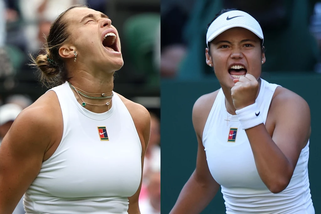 Aryna Sabalenka i Emma Raducanu Dwie tenisistki ubrane w białe stroje sportowe wyrażają silne emocje, po lewej stronie zawodniczka krzyczy z uniesioną głową, po prawej druga zaciska pięść z bojowym wyrazem twarzy.