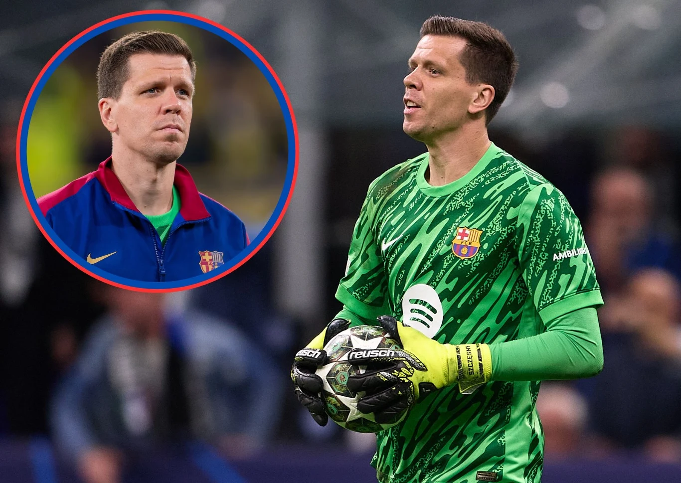 Andrea Diodato/Quality Sport Images/ Joris Verwijst/BSR Agency/Getty Images Bramkarz w zielonym stroju z logiem FC Barcelony trzyma piłkę piłkarską podczas meczu, w lewym górnym rogu znajduje się okrągłe wstawienie pokazujące zbliżenie tej samej osoby w kurtce klubowej.