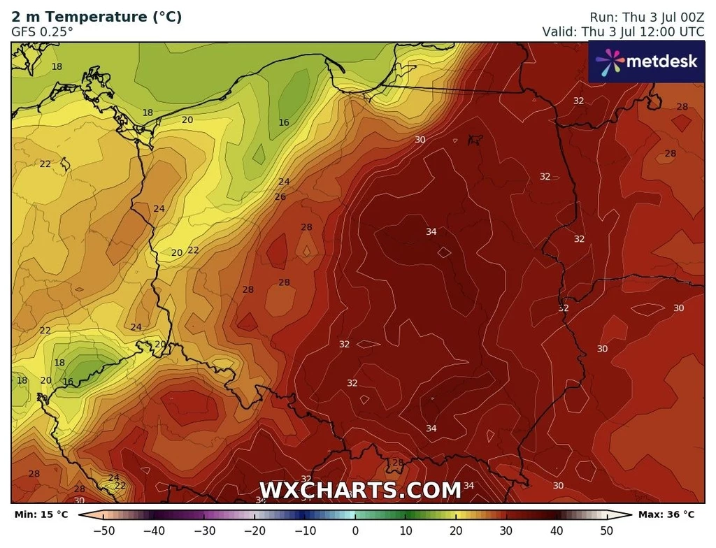 Potężne upały, sięgające lokalnie do około 36 stopni Celsjusza, obejmą zdecydowaną większość kraju Kolorowa mapa temperatur dla Polski i okolicznych krajów, dominują odcienie czerwieni i pomarańczu wskazujące bardzo wysokie temperatury, szczególnie w centralnej i wschodniej części kraju, najniższe temperatury widoczne na północnym zachodzie.
