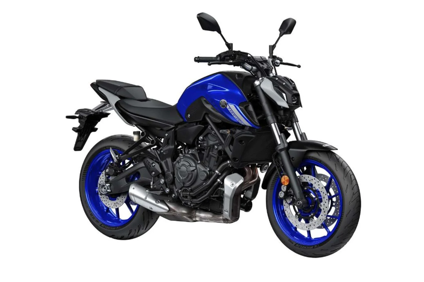 Nowoczesny motocykl o sportowej sylwetce, w kolorze niebiesko-czarnym, widoczny z boku, z dużymi kołami i charakterystycznymi detalami konstrukcyjnymi.