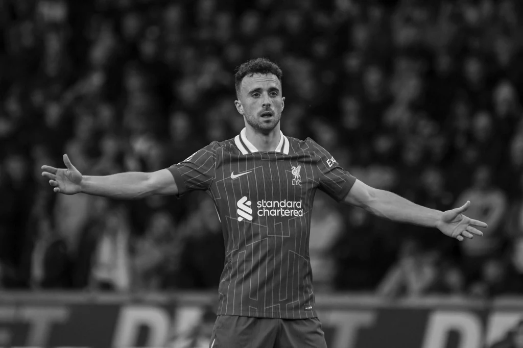 Diogo Jota Piłkarz w stroju meczowym rozkłada ręce na boisku, wokół widoczna jest rozmyta publiczność stadionowa.