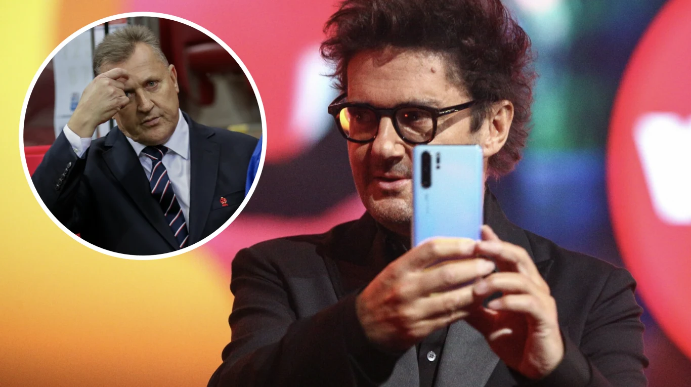 Kuba Wojewódzki wyśmiał Cezarego Kuleszę Mężczyzna w okularach wykonuje selfie smartfonem podczas wydarzenia, w tle kolorowe rozmycia świateł, w lewym górnym rogu znajduje się okrągłe wstawienie ze zdjęciem innego mężczyzny w garniturze, który dotyka czoła.