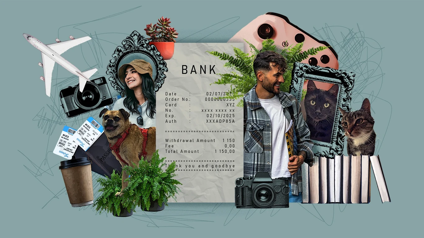 Na co wydaje pieniądze amerykańskie pokolenie Zet? Grafika: Aleksandra Włodarczyk Kompozycja z elementami codziennego życia, takimi jak rośliny, zwierzęta domowe, dwie uśmiechnięte osoby, lustrzane ramy, bilet lotniczy, aparat fotograficzny, kawa na wynos, modem internetu, a w centrum znajduje się wydruk bankowy z datą i kwotami wyp...