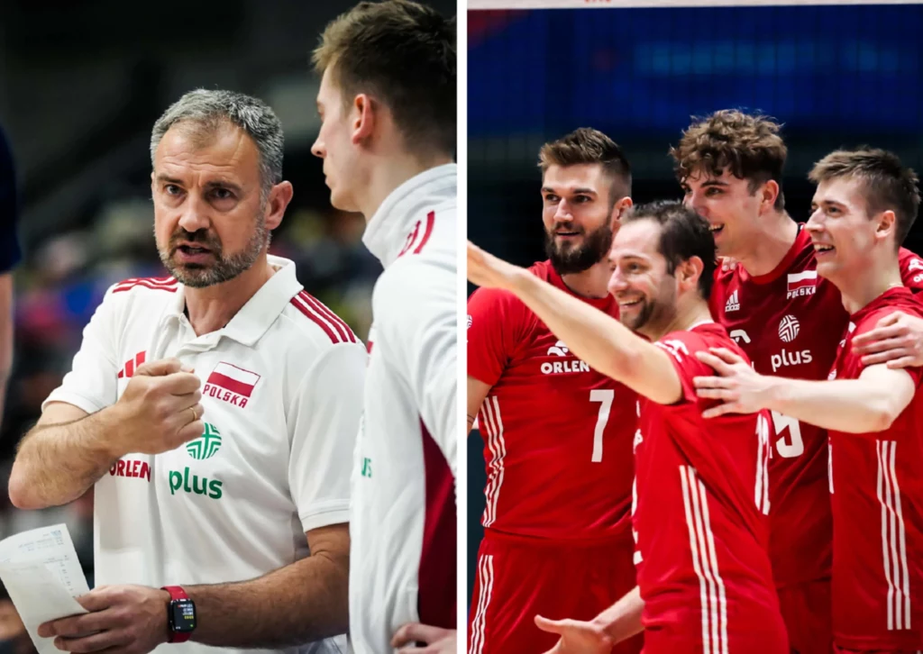 Nikola Grbić tym razem nie powołał Dawida Dulskiego do reprezentacji Polski Trener drużyny siatkarskiej w białej koszulce instruuje zawodnika podczas przerwy w meczu, po prawej stronie kilku uśmiechniętych siatkarzy w czerwonych strojach celebruje zdobyty punkt z podniesionymi rękami.