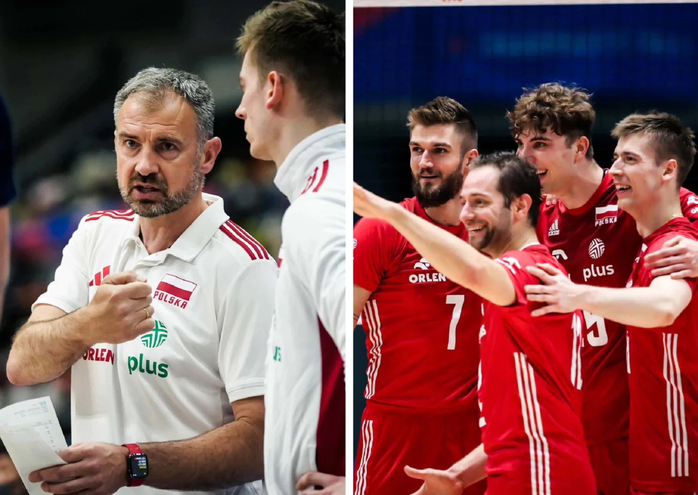 Trener drużyny siatkarskiej w białej koszulce instruuje zawodnika podczas przerwy w meczu, po prawej stronie kilku uśmiechniętych siatkarzy w czerwonych strojach celebruje zdobyty punkt z podniesionymi rękami.