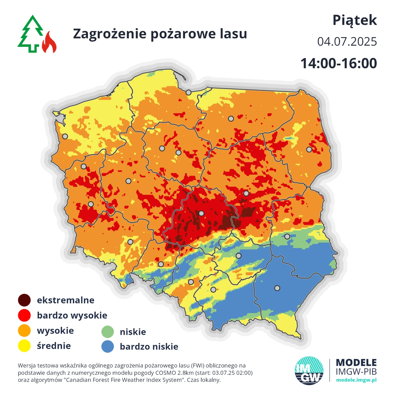 W piątek zagrożenie pożarowe na południowy wschodzie będzie wyraźnie niższe. W centrum jednak dalej trzeba będzie uważać Mapa Polski prezentująca stopień zagrożenia pożarowego lasu w różnych regionach kraju, z podziałem na strefy: ekstremalne, bardzo wysokie, wysokie, średnie, niskie i bardzo niskie, oznaczone barwną skalą od czerwieni po niebieski; jej czytelność ułatwi...