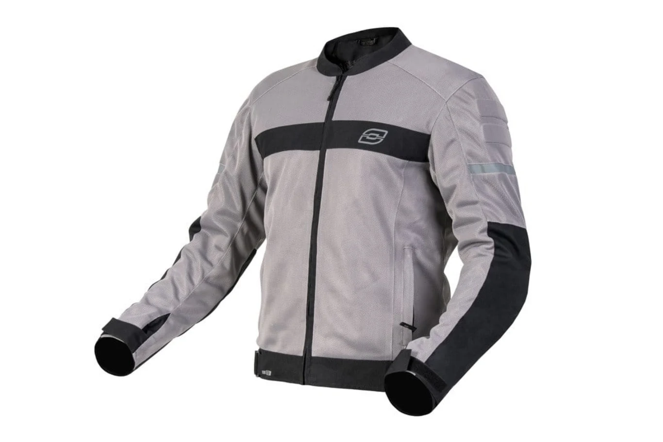 Szara kurtka motocyklowa z czarnymi akcentami, zapinana na zamek błyskawiczny, z długimi rękawami i widocznym logo na piersi.